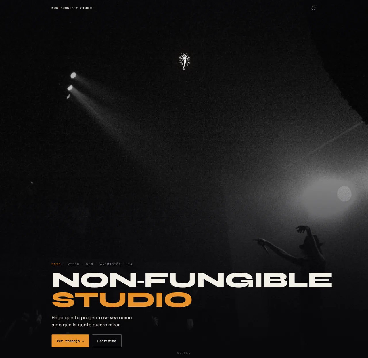 Portada de la web de Non-Fungible Studio: fondo oscuro con una fotografía de concierto y el título en tipografía condensada